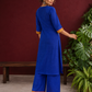 Elegant Royal Blue Cotton Silk Kurta with Contrast Mustard & Red Traditional Border On Neckline and Sleeve Cuffs — back view