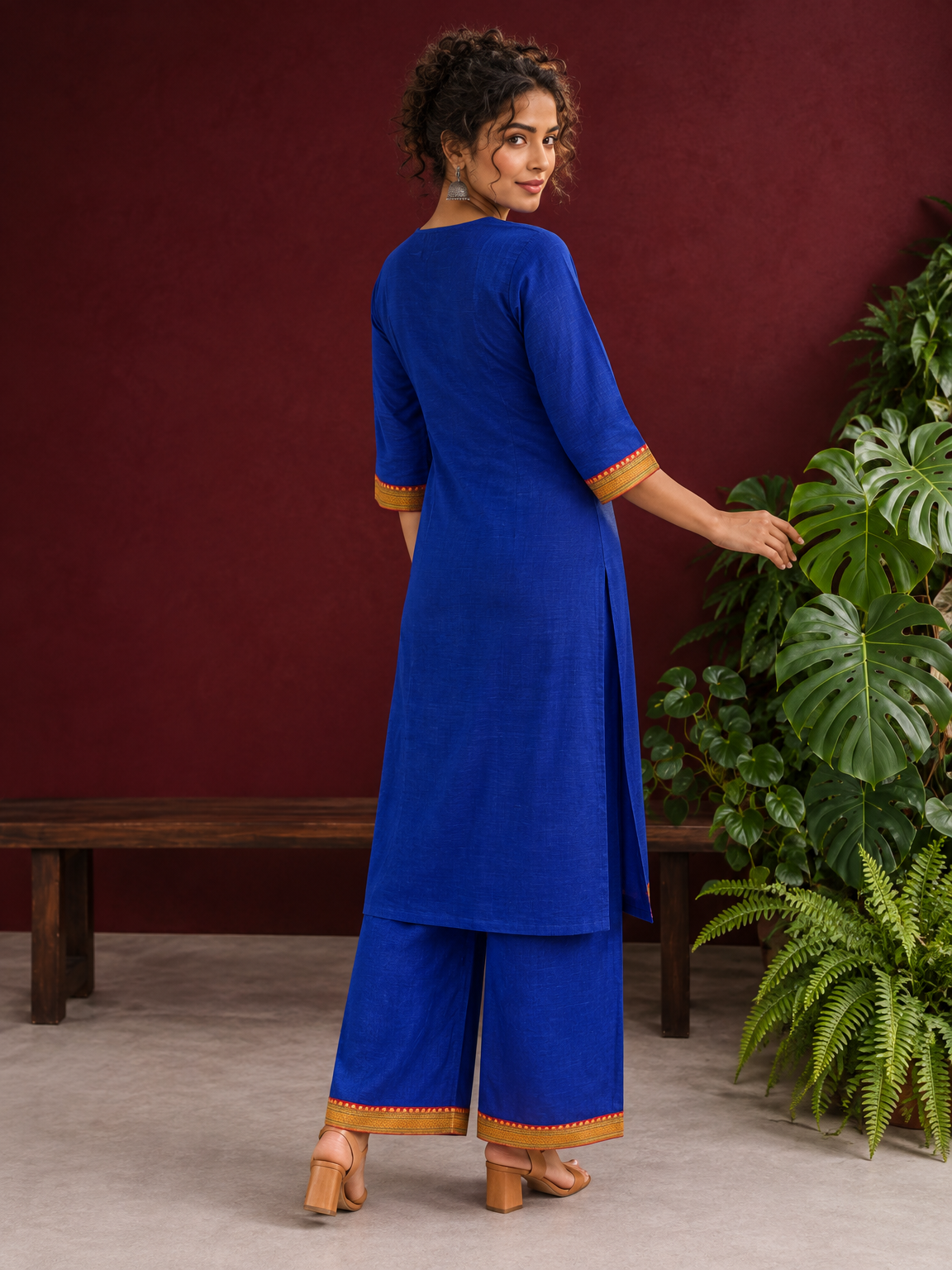 Elegant Royal Blue Cotton Silk Kurta with Contrast Mustard & Red Traditional Border On Neckline and Sleeve Cuffs — back view
