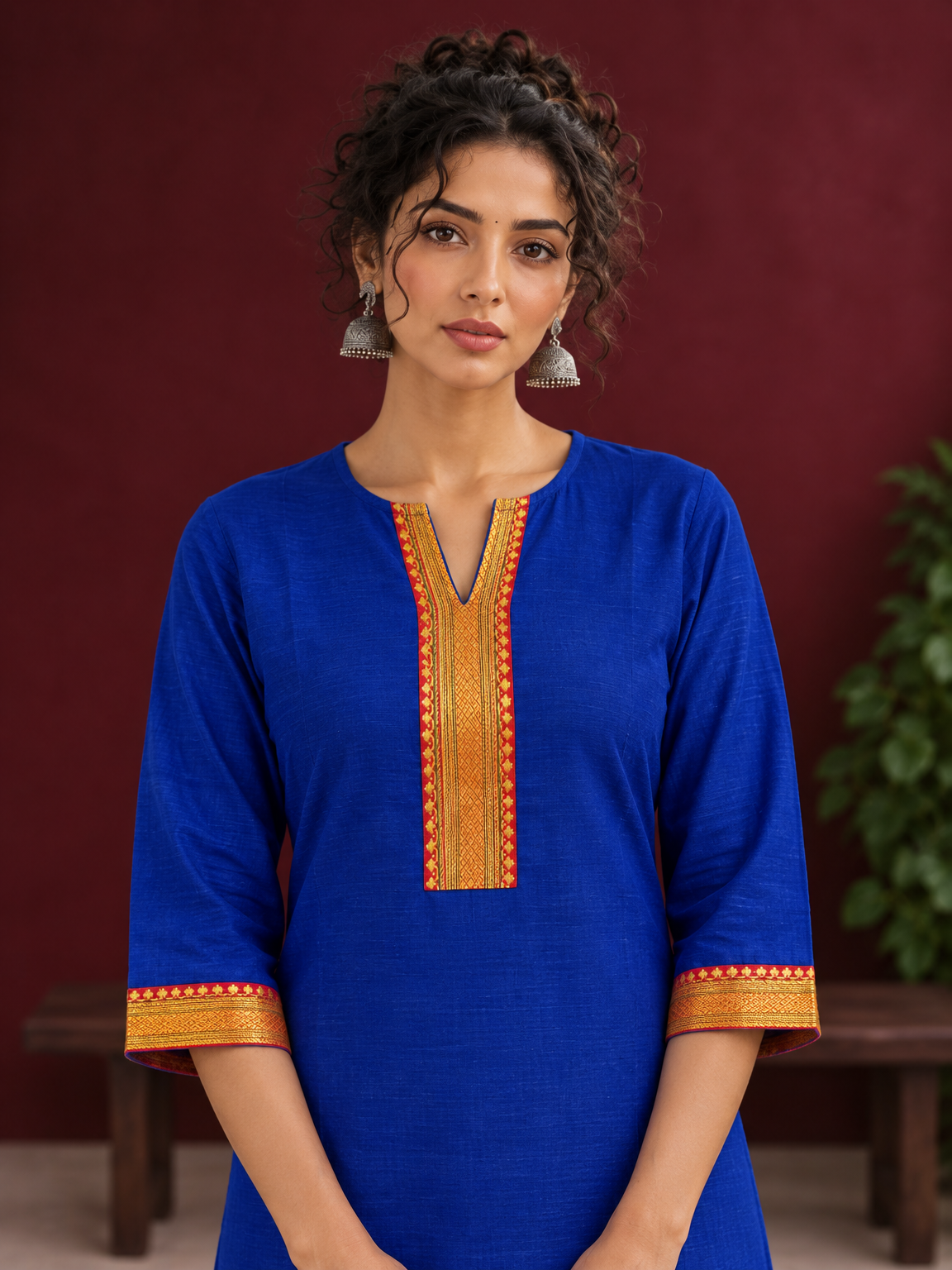 Elegant Royal Blue Cotton Silk Kurta with Contrast Mustard & Red Traditional Border On Neckline and Sleeve Cu — fabric detail