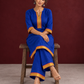 Elegant Royal Blue Cotton Silk Kurta with Contrast Mustard & Red Traditional Border On Neckline and Sleeve Cuffs — seated