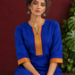 Elegant Royal Blue Cotton Silk Kurta with Contrast Mustard & Red Traditional Border On Neckline and Sleeve Cu — seated detail