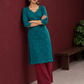 Elegant Teal Cotton Silk Kurta with Golden Motif and Notched Tulip Neckline — side view