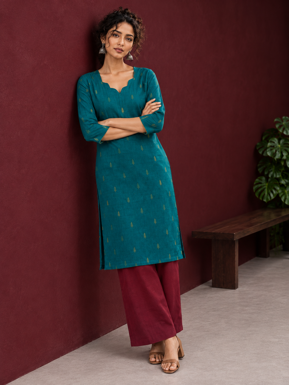 Elegant Teal Cotton Silk Kurta with Golden Motif and Notched Tulip Neckline — side view