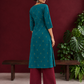 Elegant Teal Cotton Silk Kurta with Golden Motif and Notched Tulip Neckline — back view