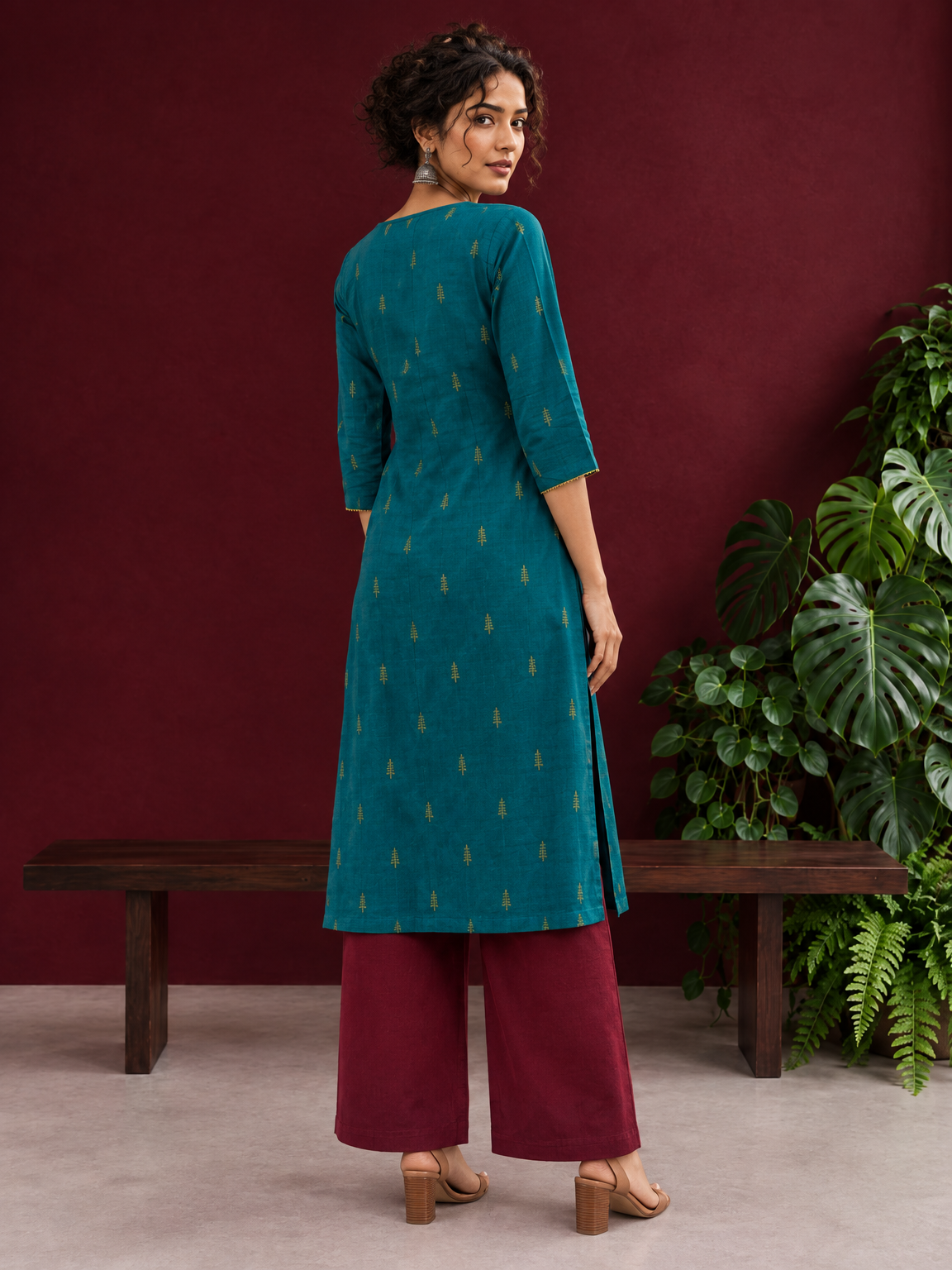Elegant Teal Cotton Silk Kurta with Golden Motif and Notched Tulip Neckline — back view