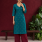 Elegant Teal Cotton Silk Kurta with Golden Motif and Notched Tulip Neckline — front view