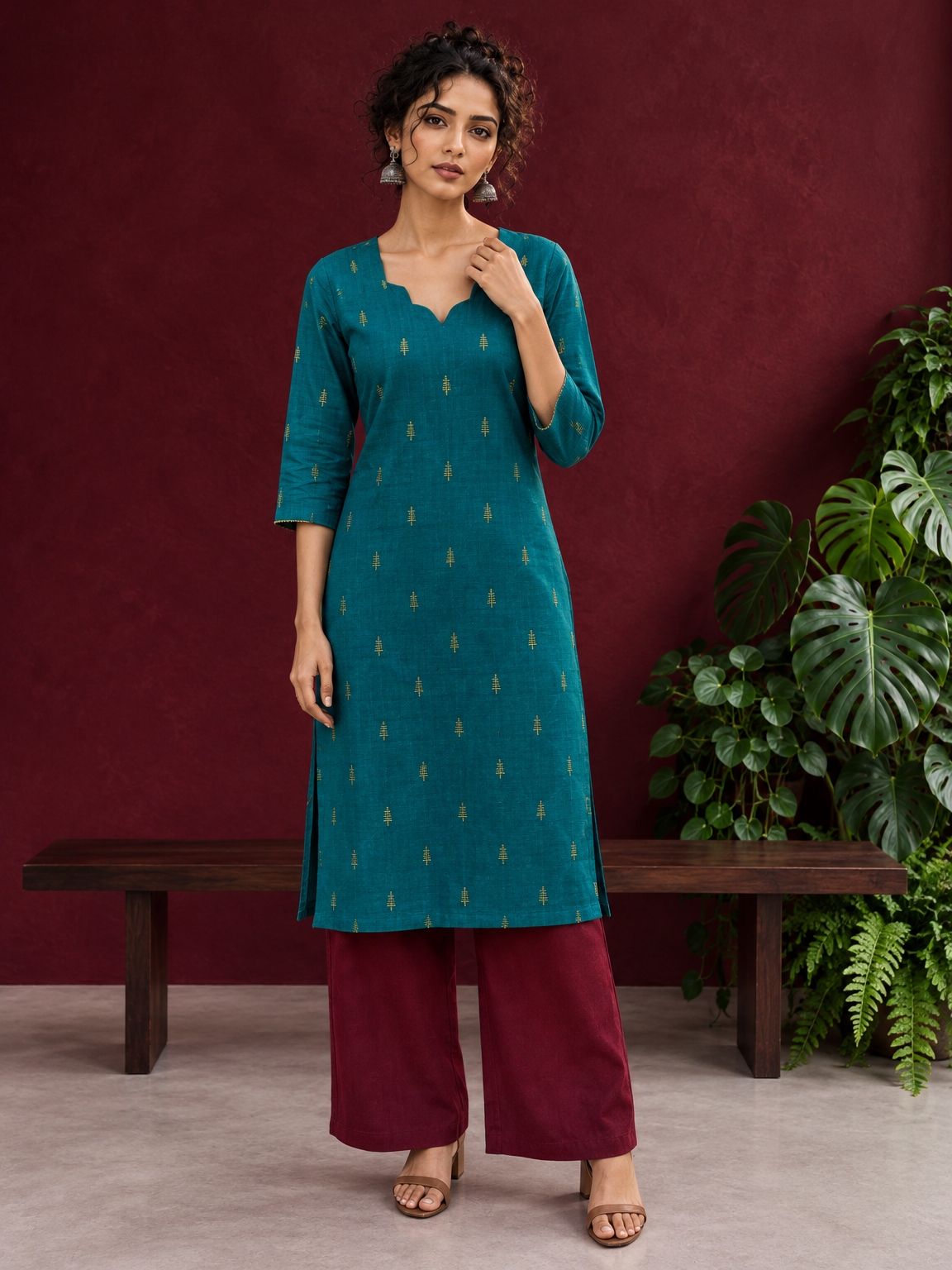 Elegant Teal Cotton Silk Kurta with Golden Motif and Notched Tulip Neckline — front view
