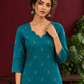 Elegant Teal Cotton Silk Kurta with Golden Motif and Notched Tulip Neckline — fabric detail