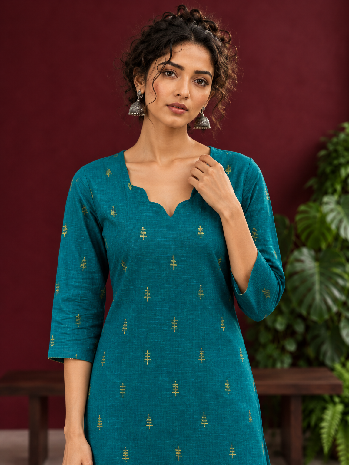 Elegant Teal Cotton Silk Kurta with Golden Motif and Notched Tulip Neckline — fabric detail