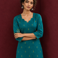 Elegant Teal Cotton Silk Kurta with Golden Motif and Notched Tulip Neckline — styled view