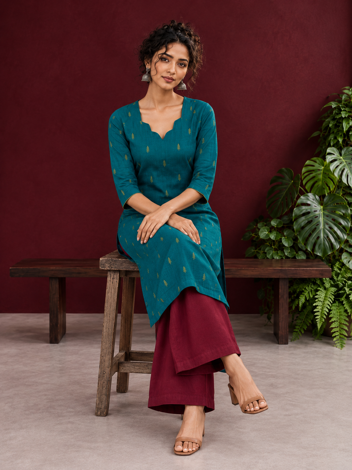 Elegant Teal Cotton Silk Kurta with Golden Motif and Notched Tulip Neckline — seated