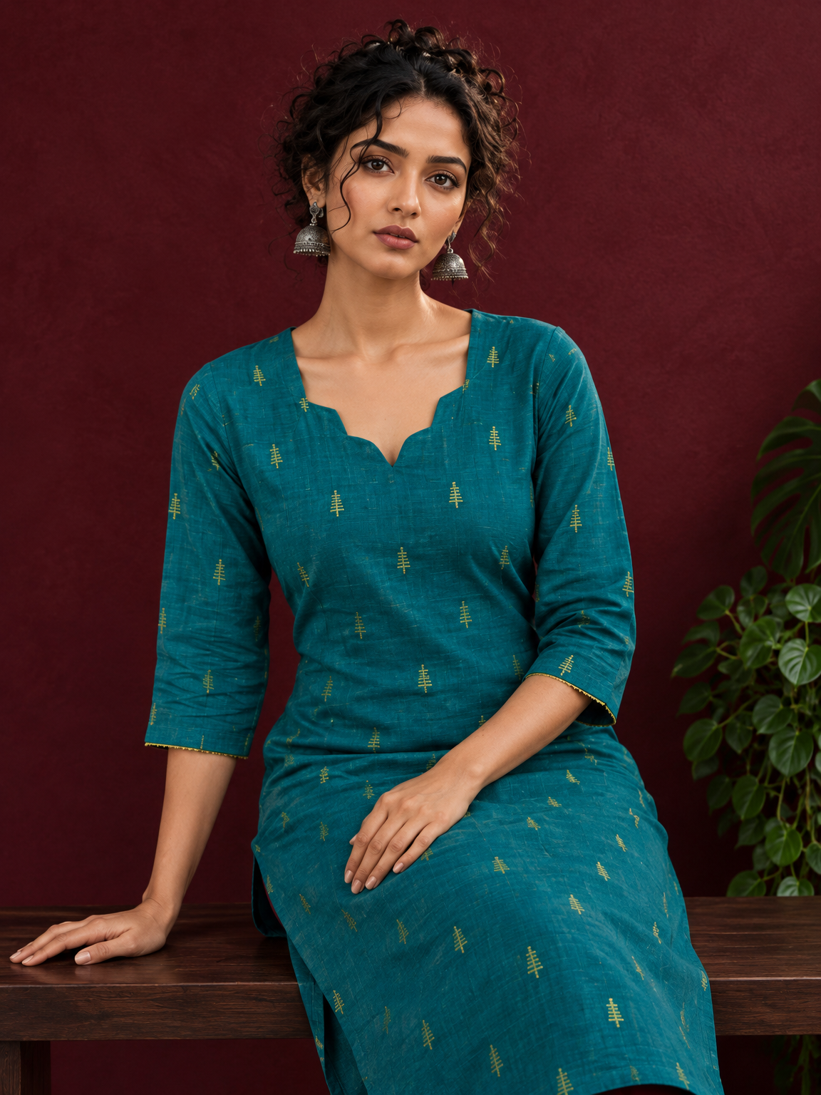 Elegant Teal Cotton Silk Kurta with Golden Motif and Notched Tulip Neckline — seated detail