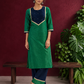 Elegant Green Silk Kurta with Contrast Navy Blue Yoke Panel, Sequin Embellishment & Gota Trim — front view