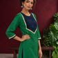 Elegant Green Silk Kurta with Contrast Navy Blue Yoke Panel, Sequin Embellishment & Gota Trim — fabric detail