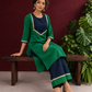 Elegant Green Silk Kurta with Contrast Navy Blue Yoke Panel, Sequin Embellishment & Gota Trim — seated
