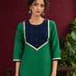 Elegant Green Silk Kurta with Contrast Navy Blue Yoke Panel, Sequin Embellishment & Gota Trim — styled view