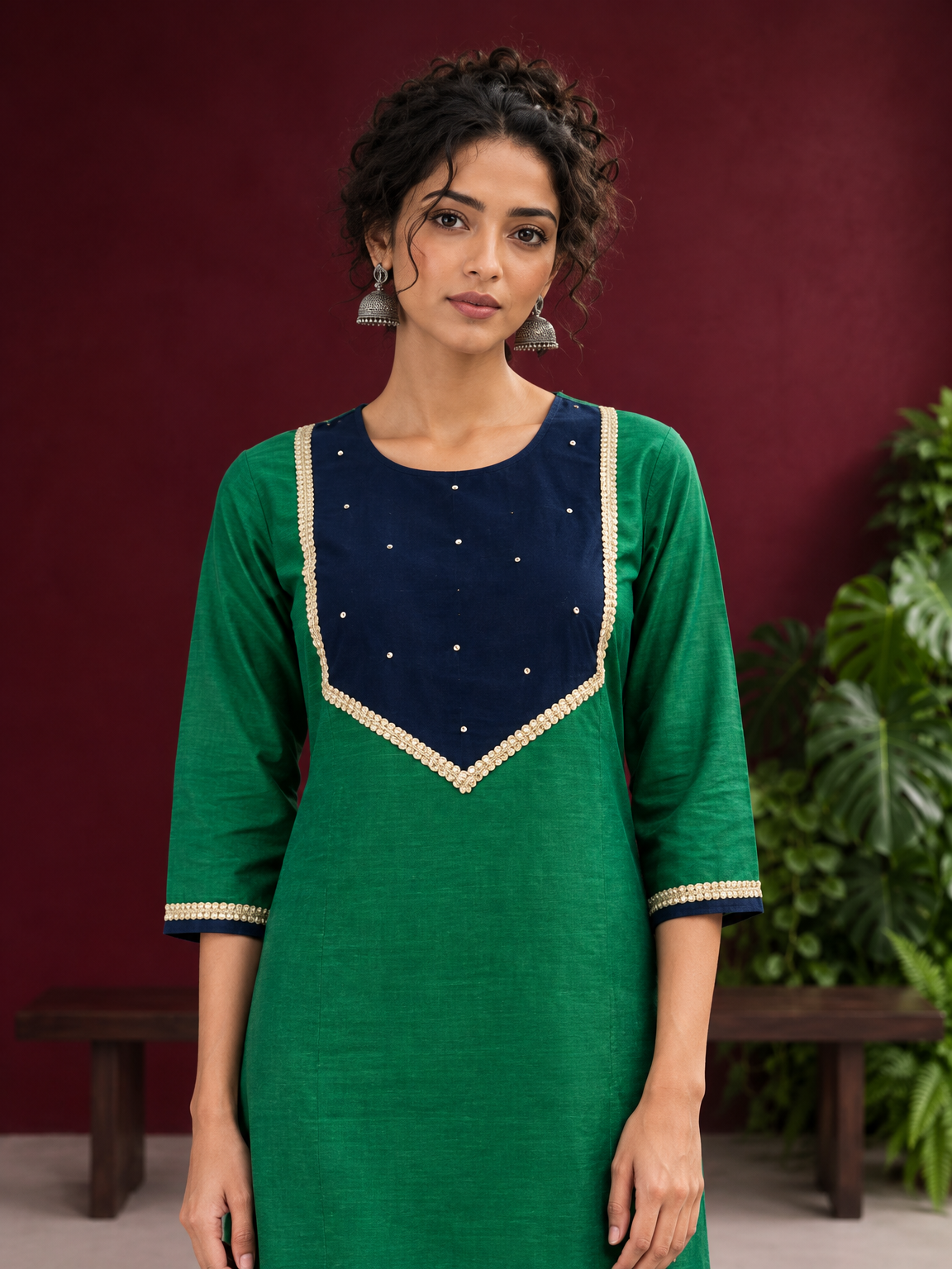 Elegant Green Silk Kurta with Contrast Navy Blue Yoke Panel, Sequin Embellishment & Gota Trim — styled view