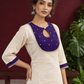 Elegant Off-White Silk Kurta with Contrast Purple Yoke Panel & Hand Embroidered Sequin Detailing — styled view