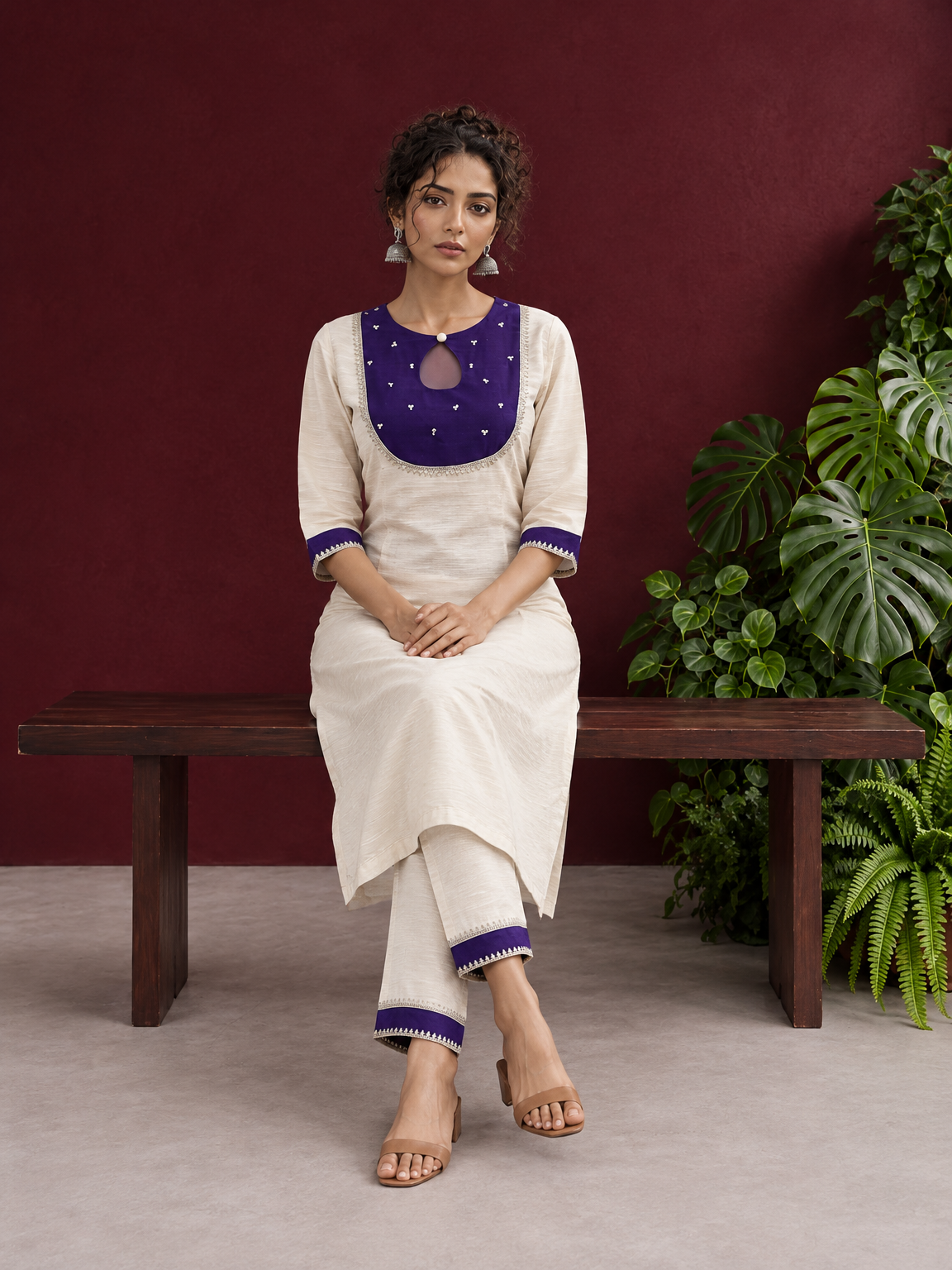 Elegant Off-White Silk Kurta with Contrast Purple Yoke Panel & Hand Embroidered Sequin Detailing — seated
