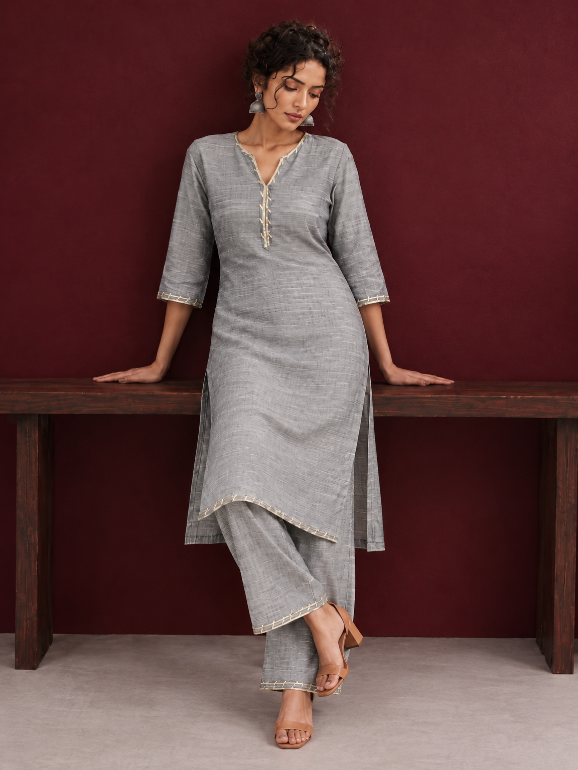 Elegant Grey Cotton Silk Kurta with Gold Gota Lace Trim V-Neck — side view