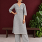 Elegant Grey Cotton Silk Kurta with Gold Gota Lace Trim V-Neck — front view