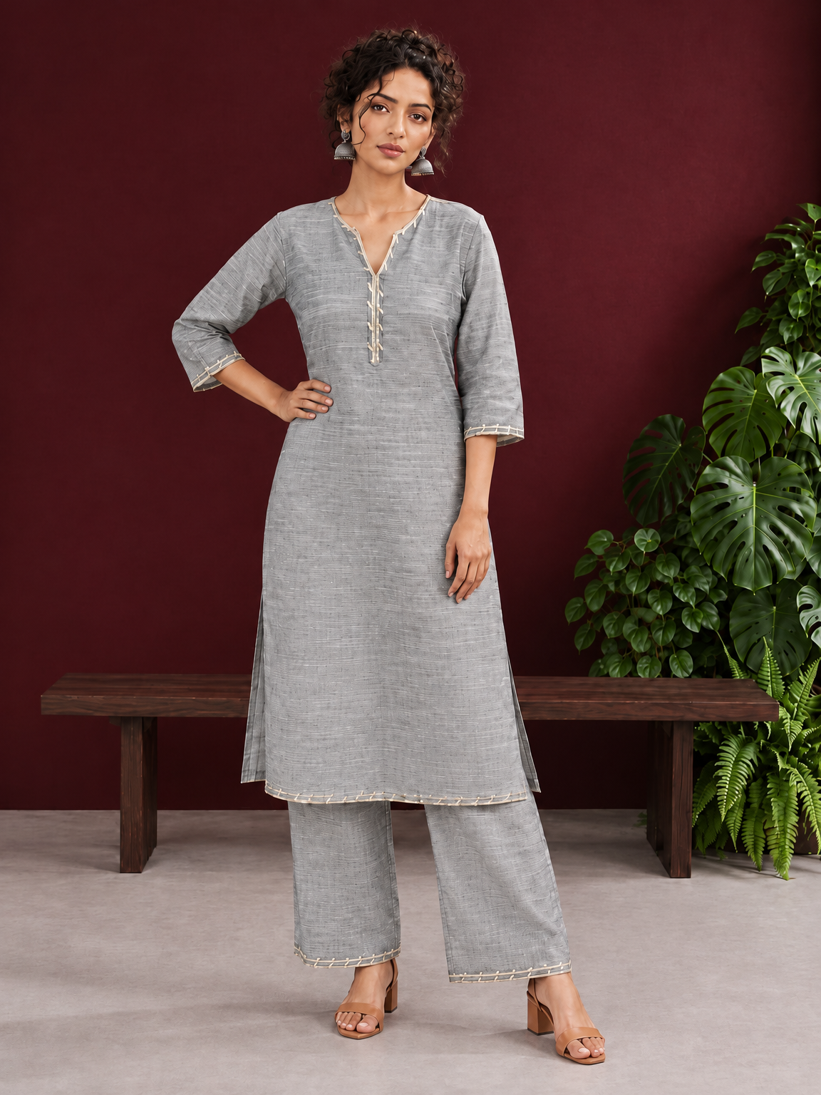 Elegant Grey Cotton Silk Kurta with Gold Gota Lace Trim V-Neck — front view