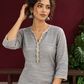 Elegant Grey Cotton Silk Kurta with Gold Gota Lace Trim V-Neck — styled view