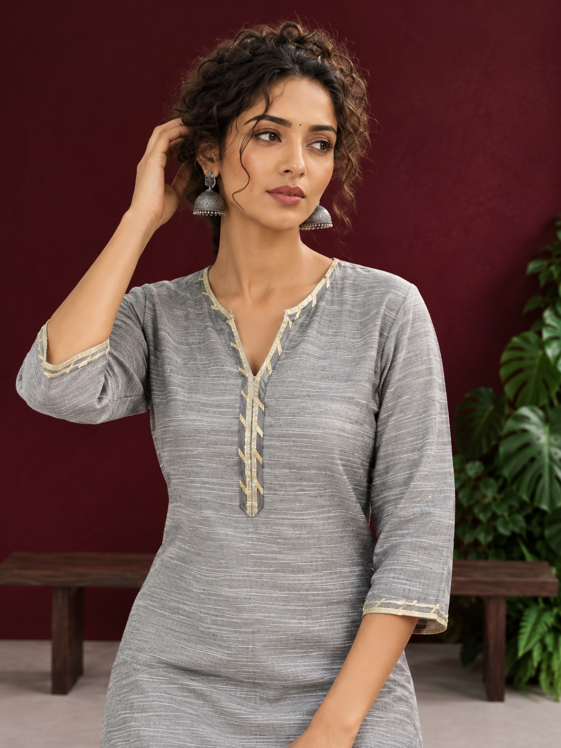 Elegant Grey Cotton Silk Kurta with Gold Gota Lace Trim V-Neck — styled view