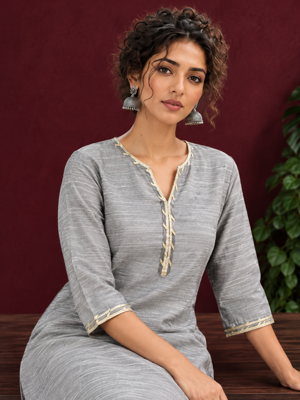 Elegant Grey Cotton Silk Kurta with Gold Gota Lace Trim V-Neck — seated detail