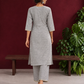 Elegant Grey Cotton Silk Kurta with Gold Gota Lace Trim V-Neck — back view