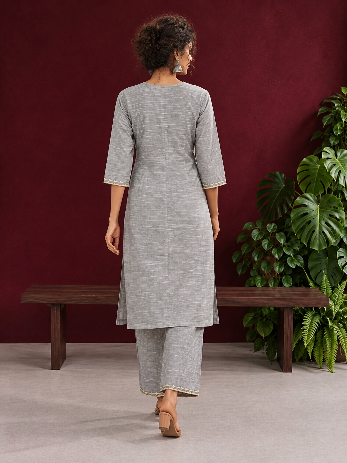 Elegant Grey Cotton Silk Kurta with Gold Gota Lace Trim V-Neck — back view