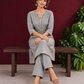 Elegant Grey Cotton Silk Kurta with Gold Gota Lace Trim V-Neck — seated