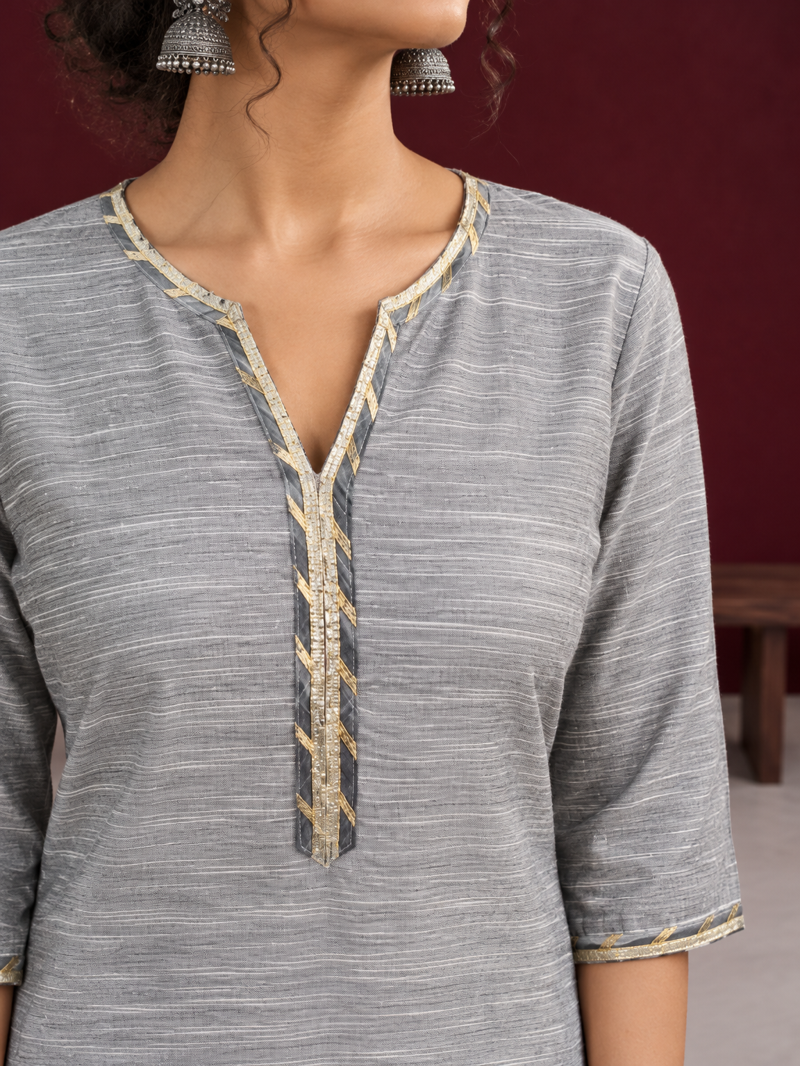 Elegant Grey Cotton Silk Kurta with Gold Gota Lace Trim V-Neck — fabric close-up