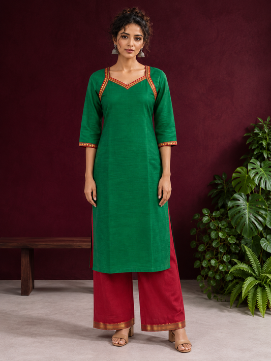 Vibrant Green Silk Kurta with Contrast Maroon Traditional Lace On Neckline — front view