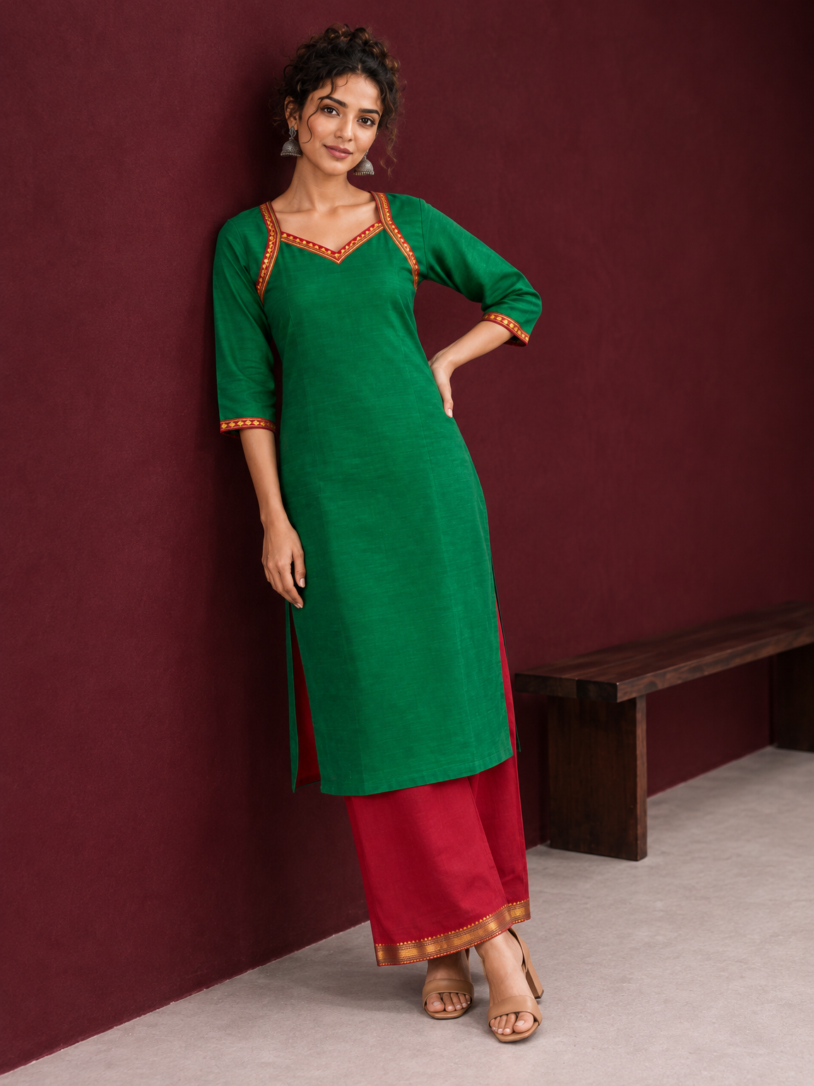 Vibrant Green Silk Kurta with Contrast Maroon Traditional Lace On Neckline — side view