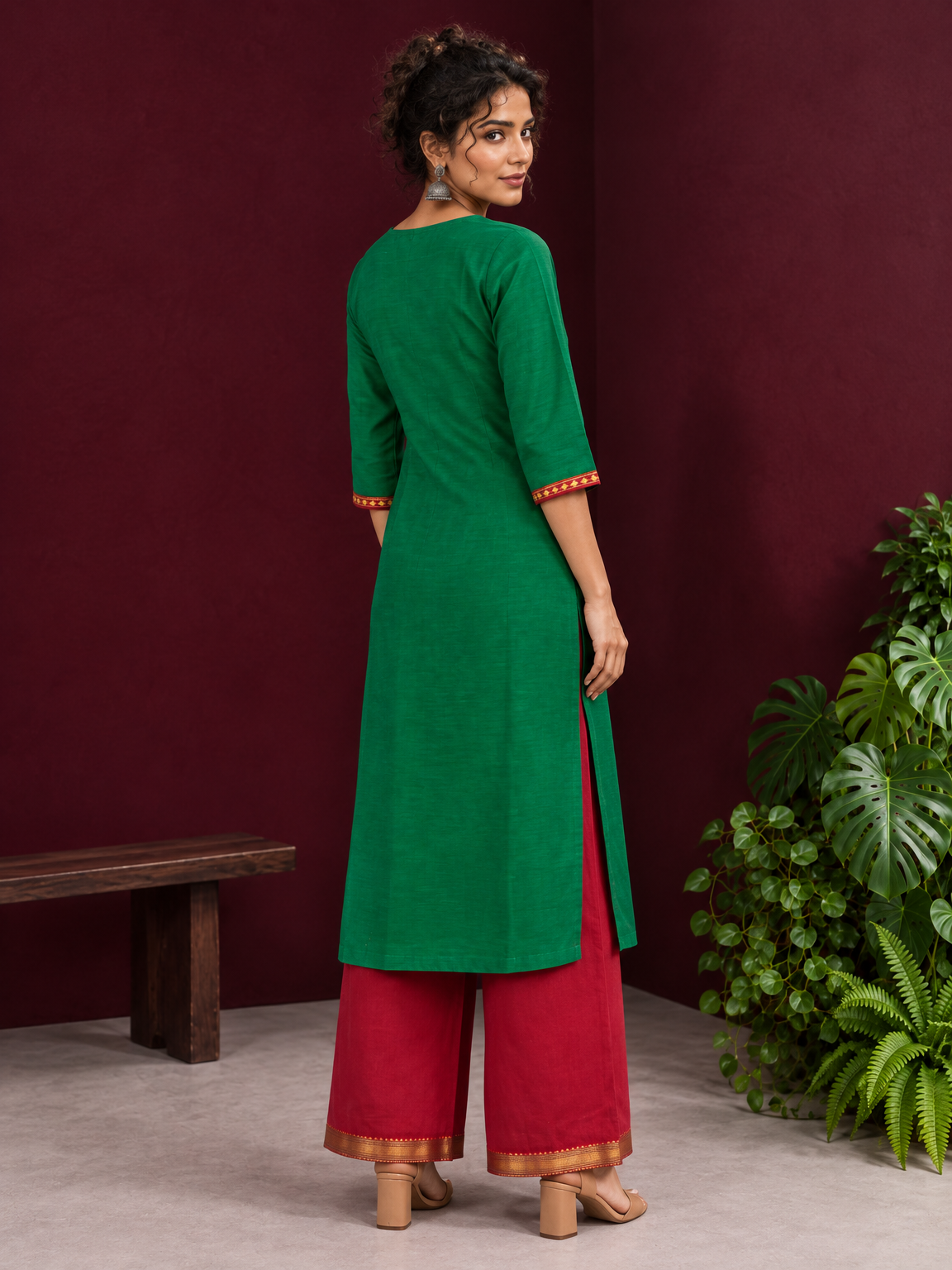 Vibrant Green Silk Kurta with Contrast Maroon Traditional Lace On Neckline — back view