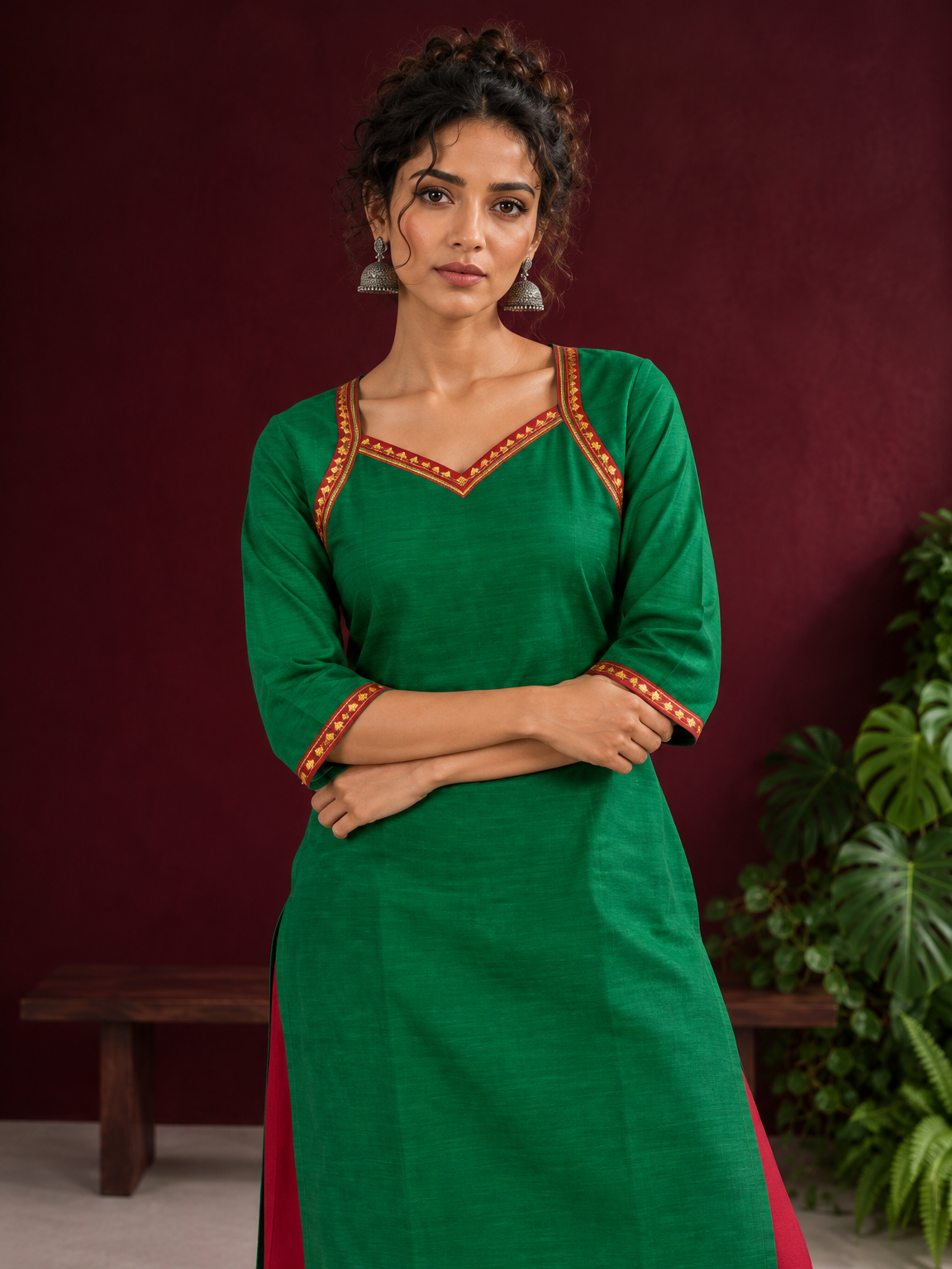 Vibrant Green Silk Kurta with Contrast Maroon Traditional Lace On Neckline — styled view