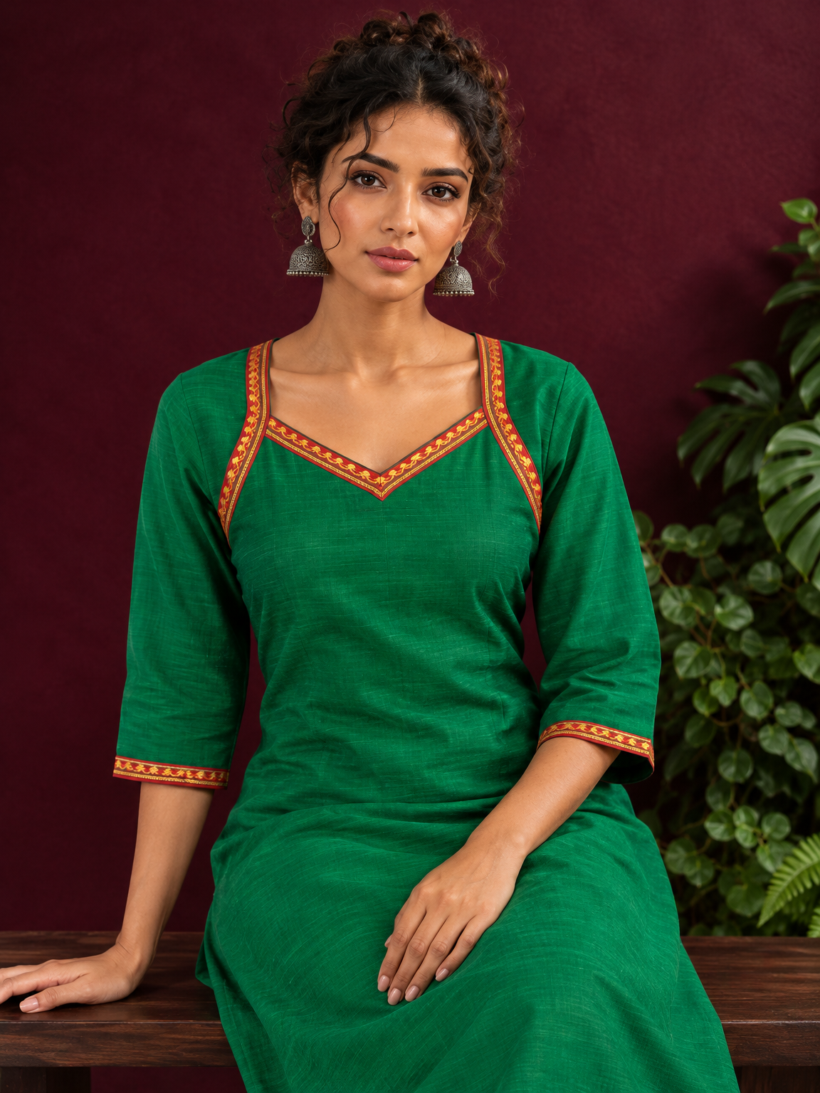 Vibrant Green Silk Kurta with Contrast Maroon Traditional Lace On Neckline — seated detail
