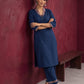 Elegant Teal Blue Rayon kurta with Contrast Kalamkari Printed Collar and Cuffs — side view