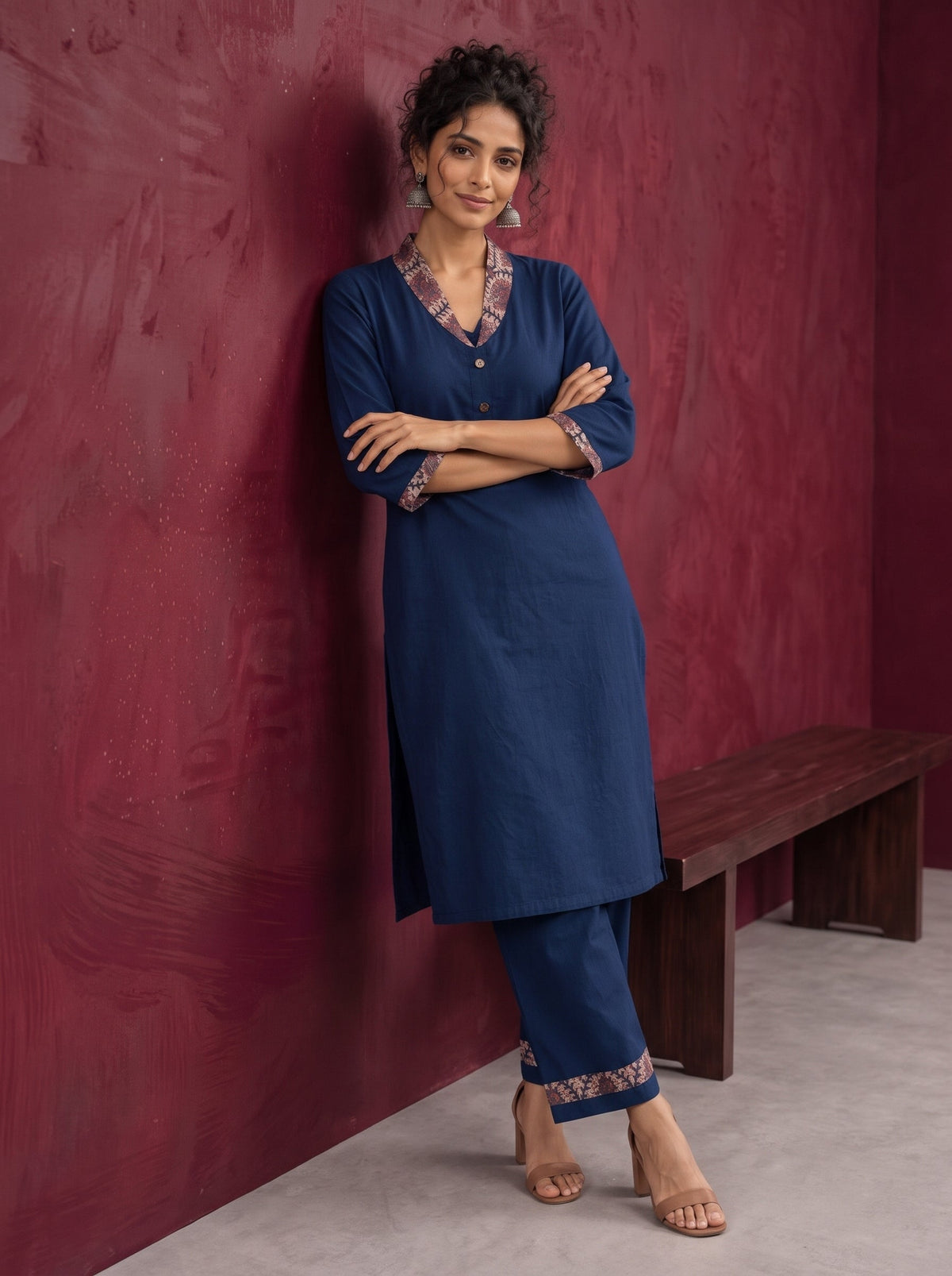 Elegant Teal Blue Rayon kurta with Contrast Kalamkari Printed Collar and Cuffs — side view