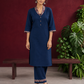 Elegant Teal Blue Rayon kurta with Contrast Kalamkari Printed Collar and Cuffs — front view