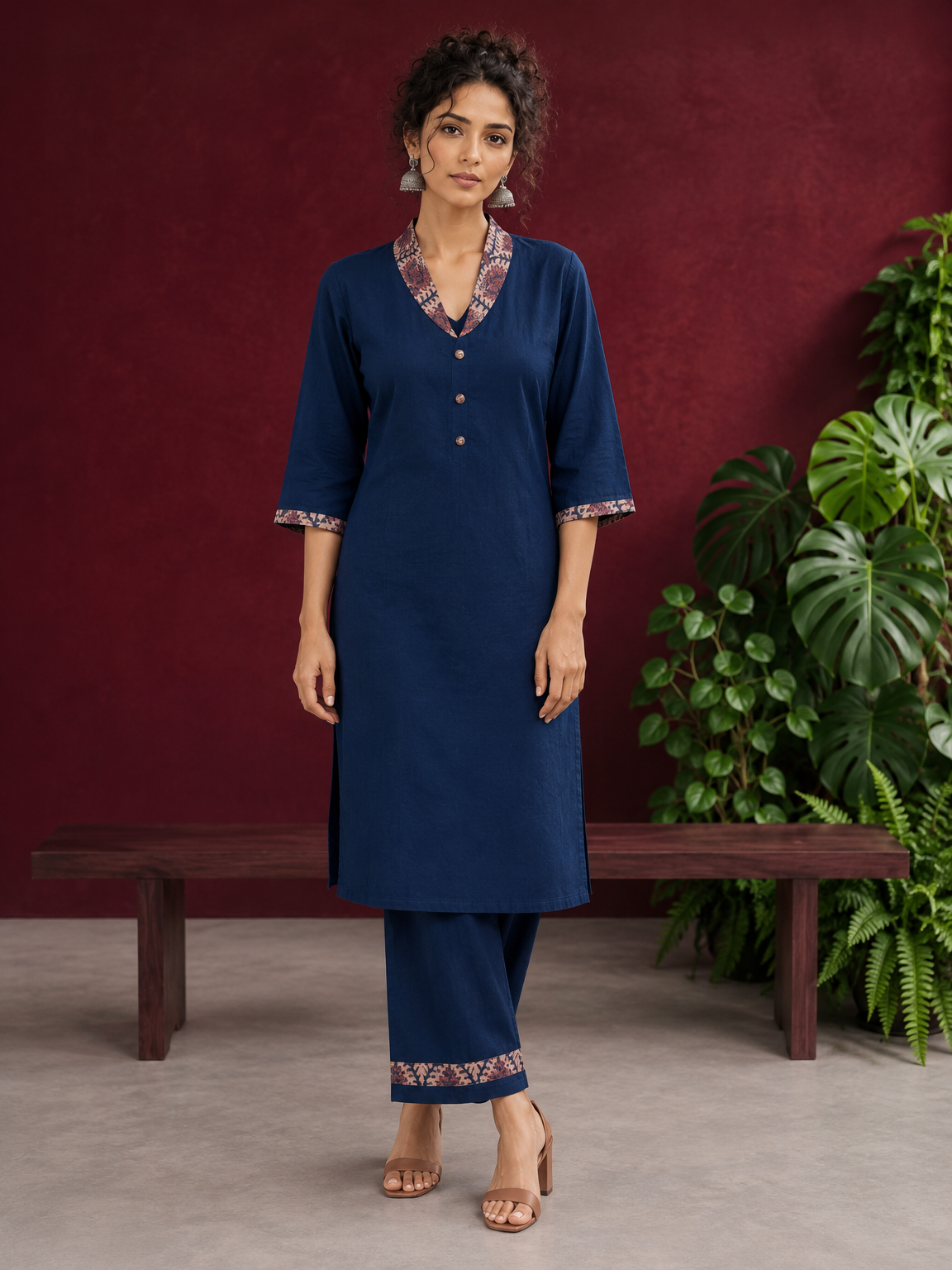 Elegant Teal Blue Rayon kurta with Contrast Kalamkari Printed Collar and Cuffs — front view