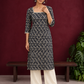 Elegant Black Printed Kurta with Beige Crochet Lace Square Neckline & Sleeves Trims — front view
