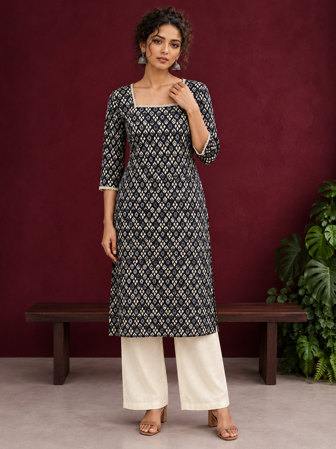 Elegant Black Printed Kurta with Beige Crochet Lace Square Neckline & Sleeves Trims — front view