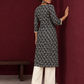 Elegant Black Printed Kurta with Beige Crochet Lace Square Neckline & Sleeves Trims — back view