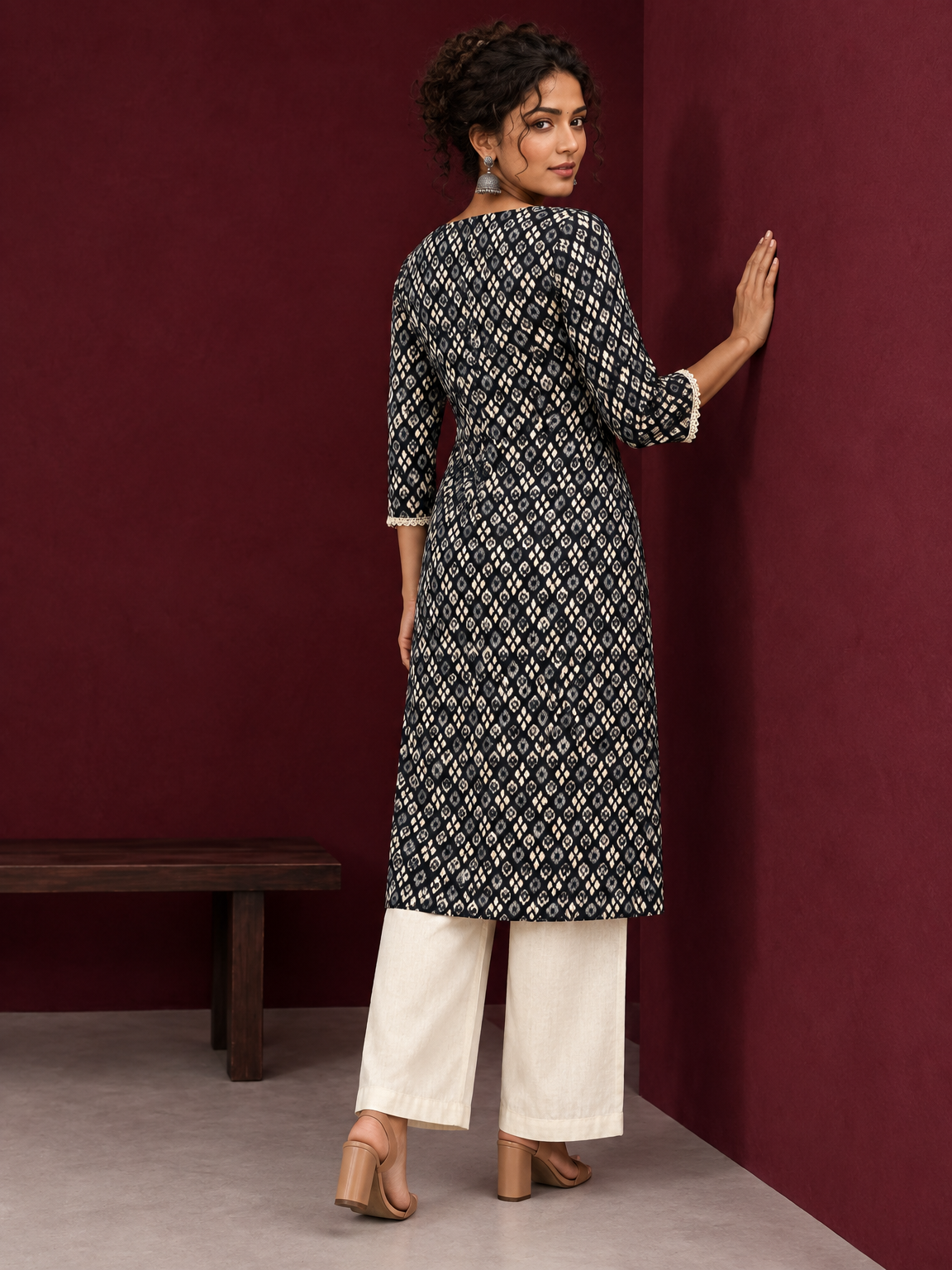 Elegant Black Printed Kurta with Beige Crochet Lace Square Neckline & Sleeves Trims — back view