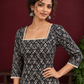 Elegant Black Printed Kurta with Beige Crochet Lace Square Neckline & Sleeves Trims — styled view