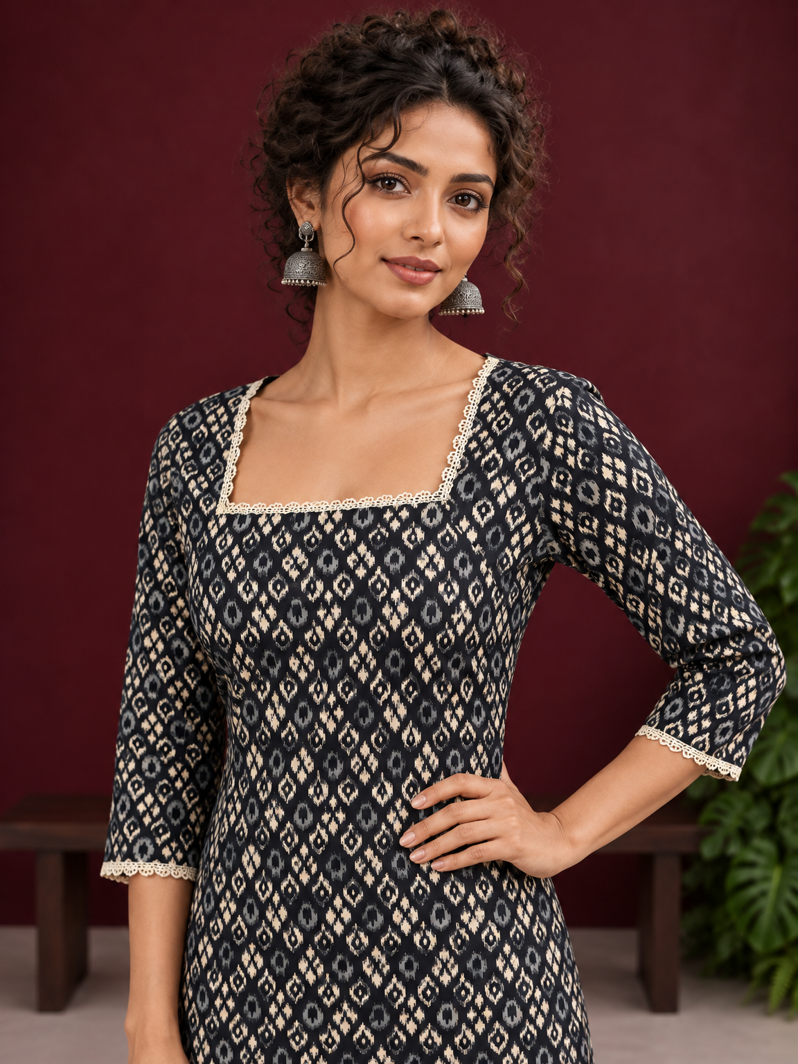 Elegant Black Printed Kurta with Beige Crochet Lace Square Neckline & Sleeves Trims — styled view