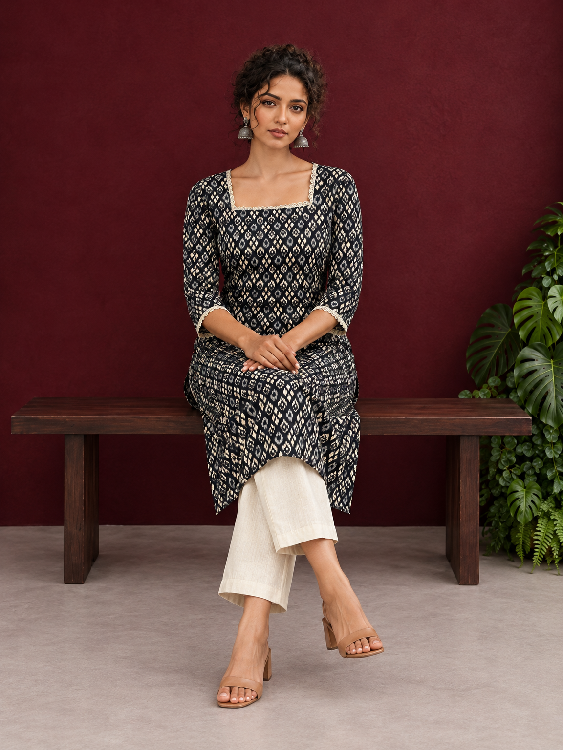 Elegant Black Printed Kurta with Beige Crochet Lace Square Neckline & Sleeves Trims — seated