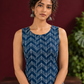 Blue Rayon Kurta with Hand-Drawn Chevron Stripe Print & Round Neckline — fabric detail